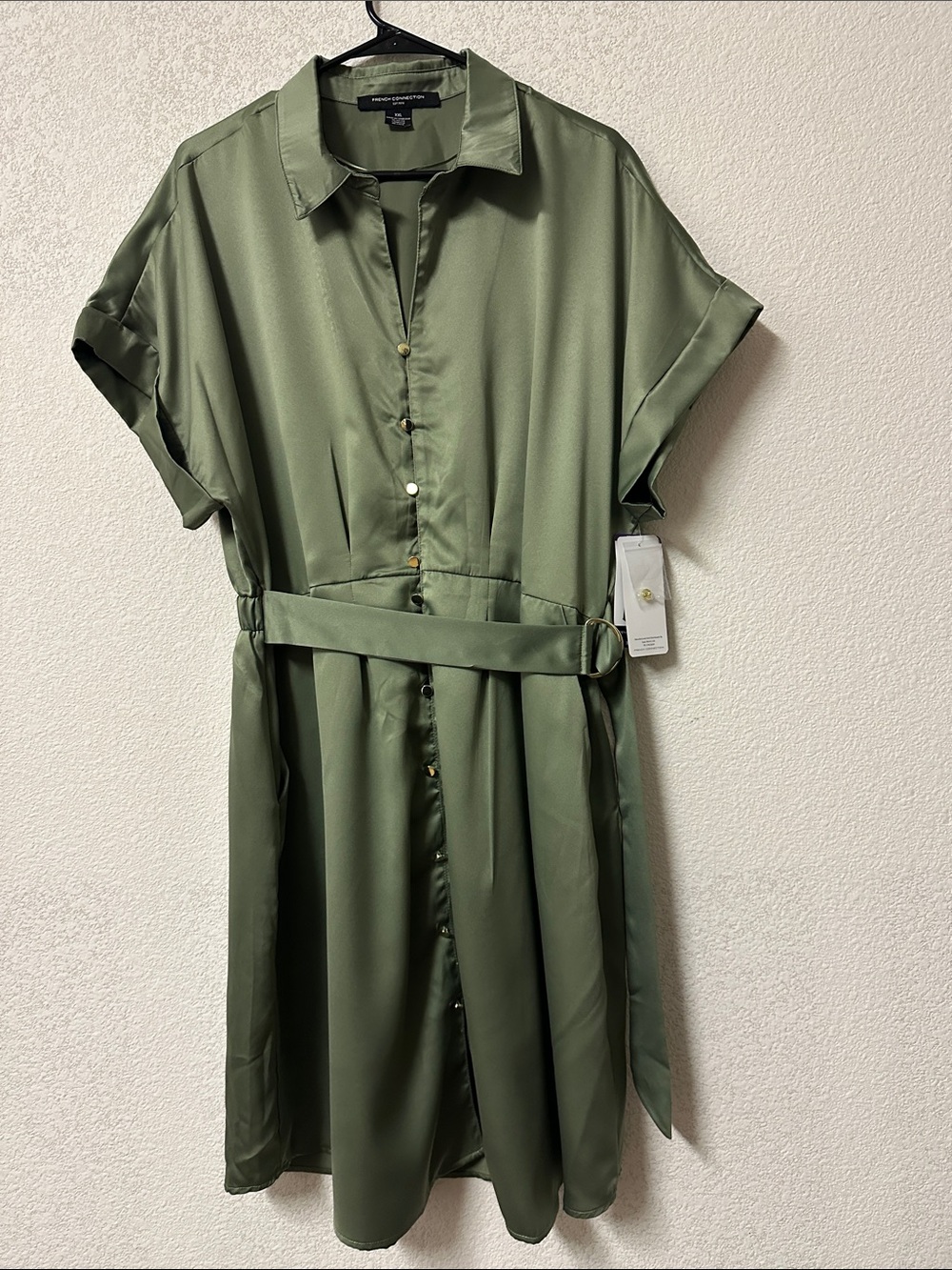French Connection Olive Green Satin Shirt Midi Dress with Belt